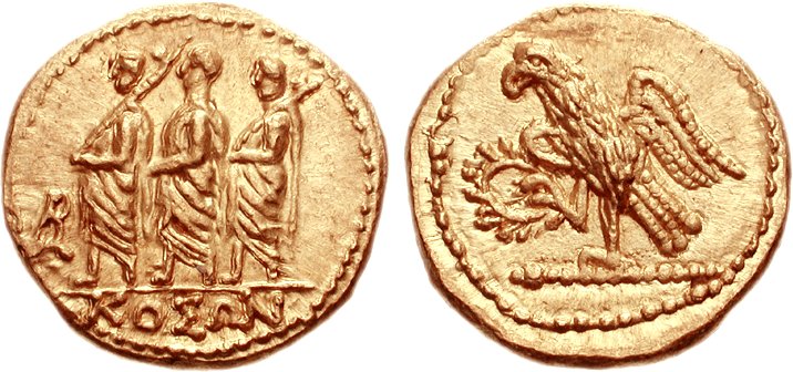 Złoty stater z napisem KOSON (połowa I w. p.n.e.), moneta z tych samych skarbów, które rabowano wokół Sarmizegetusy.