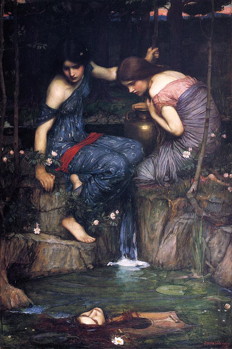John William Waterhouse, „Nimfy znajdują głowę Orfeusza” (1900): głowa i lira niesione przez wodę, jak w micie o Lesbos.